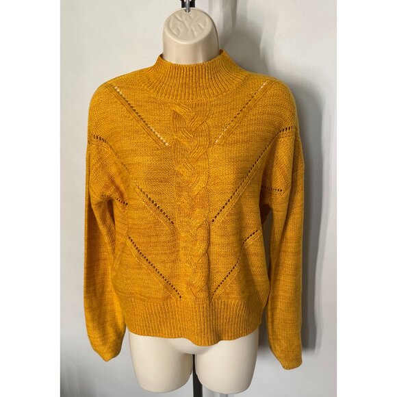 Golden Ochre Mustard Yellow Cable Knit Mock Neck Sweater – Size Medium - Picture 1 of 3